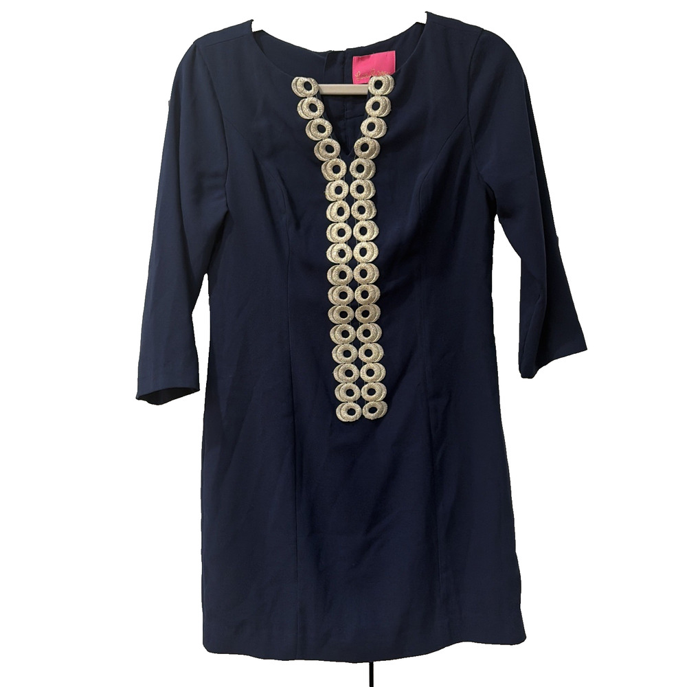 Lilly Pulitzer Breakers Dress True Navy Gold Corded Applique Shift 2
